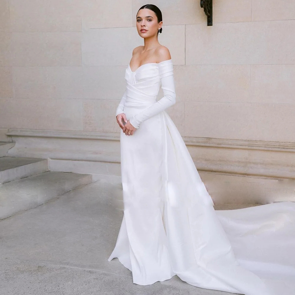 Mermaid Wedding Dress 2024 Bridal Gown Off Shoulder Long Sleeves Pleat Vestidos De Soiree with Detachable Train
