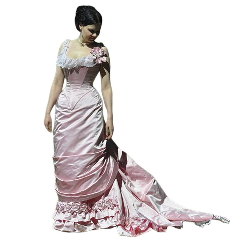 2024 Vintage Victorian Pink Prom Dresses For Women Corset Straps Long Satin Special Occasion Gowns Masquerade Party Dress Formal Evening Wear
