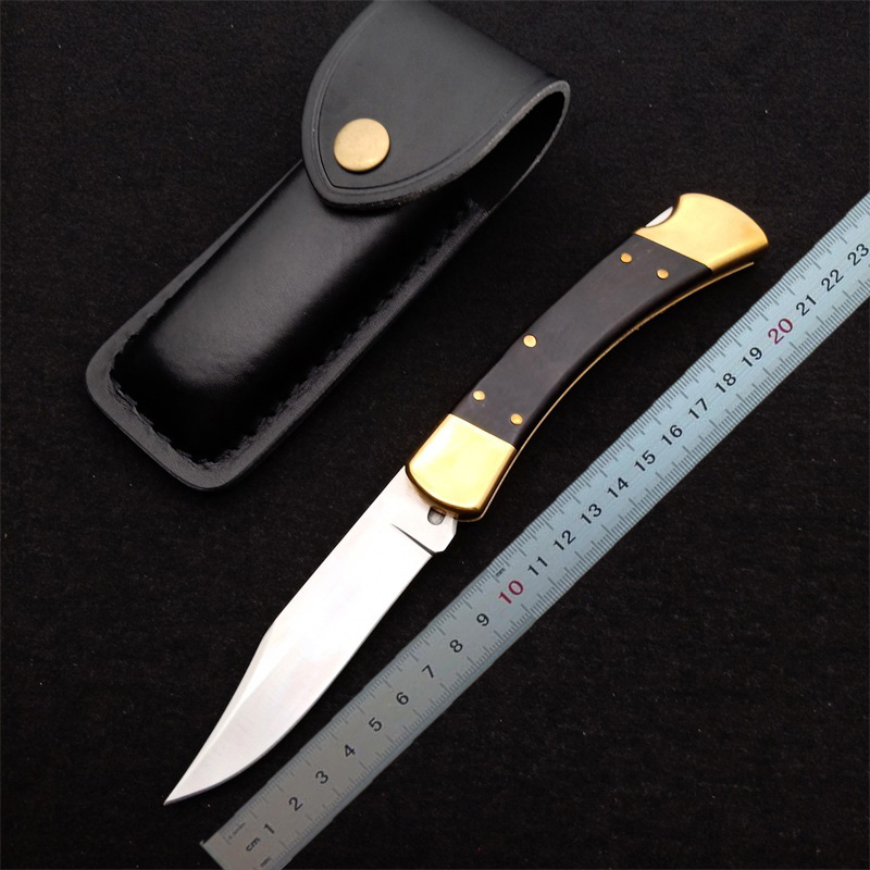 New Classic 110 Push Button Quick Opening Tactical Folding Knife D2 Satin Blade G10 with Brass Head Handle EDC Pocket Knives With Leather Sheath and N