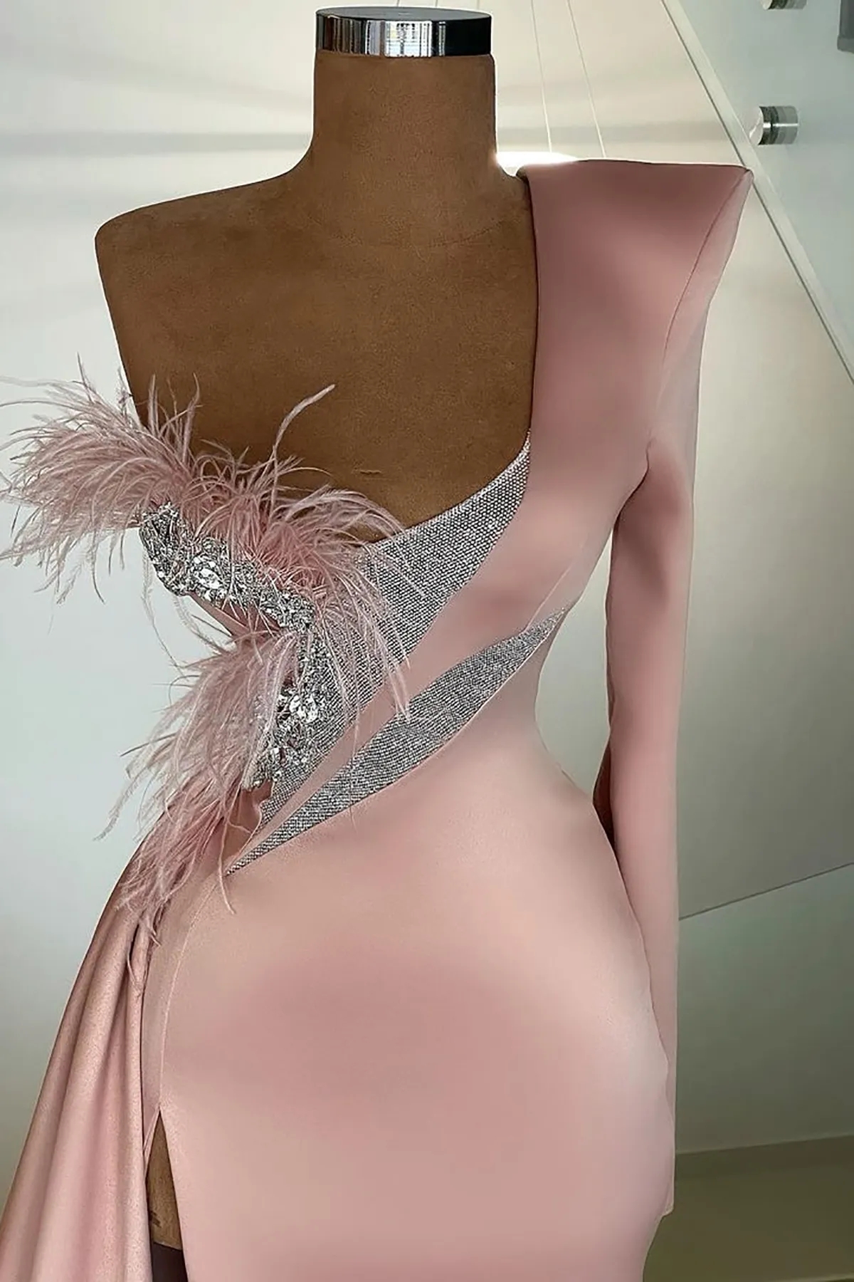 Long Sleeve Mermaid Evening Dresses Elegant Pink Satin One Shoulder Front Split Dubai Women Formal Party Prom Gowns 6660306