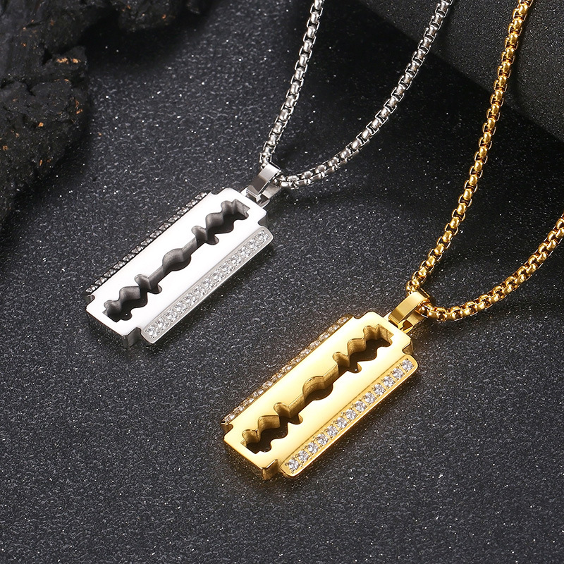 Vintage Blade Pendant Necklace with Chain 18k Gold Plated Stainless Steel Cool Men Jewelry