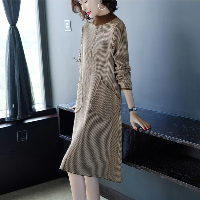 Women's Sweaters Winter Houndstooth Loose Knitted Turtleneck Sweater Dresses Autumn Casual Elegant Bodycon Women 3XL Wool Sweaters 231023