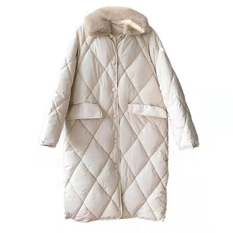 Women's Down Parkas Fur Collar Oversize Rhombus Pattern Long Pocket Female Warm Cotton Overcoat Single Breasted 231023Z
