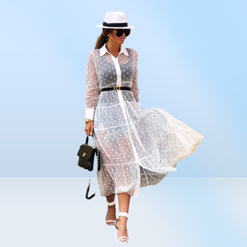 Women dress Mesh Sheer Transparent Polka Dot Lace Cover up V Neck Button Down Maxi Dress Seethrough Party Clubwear Beach Dresses
