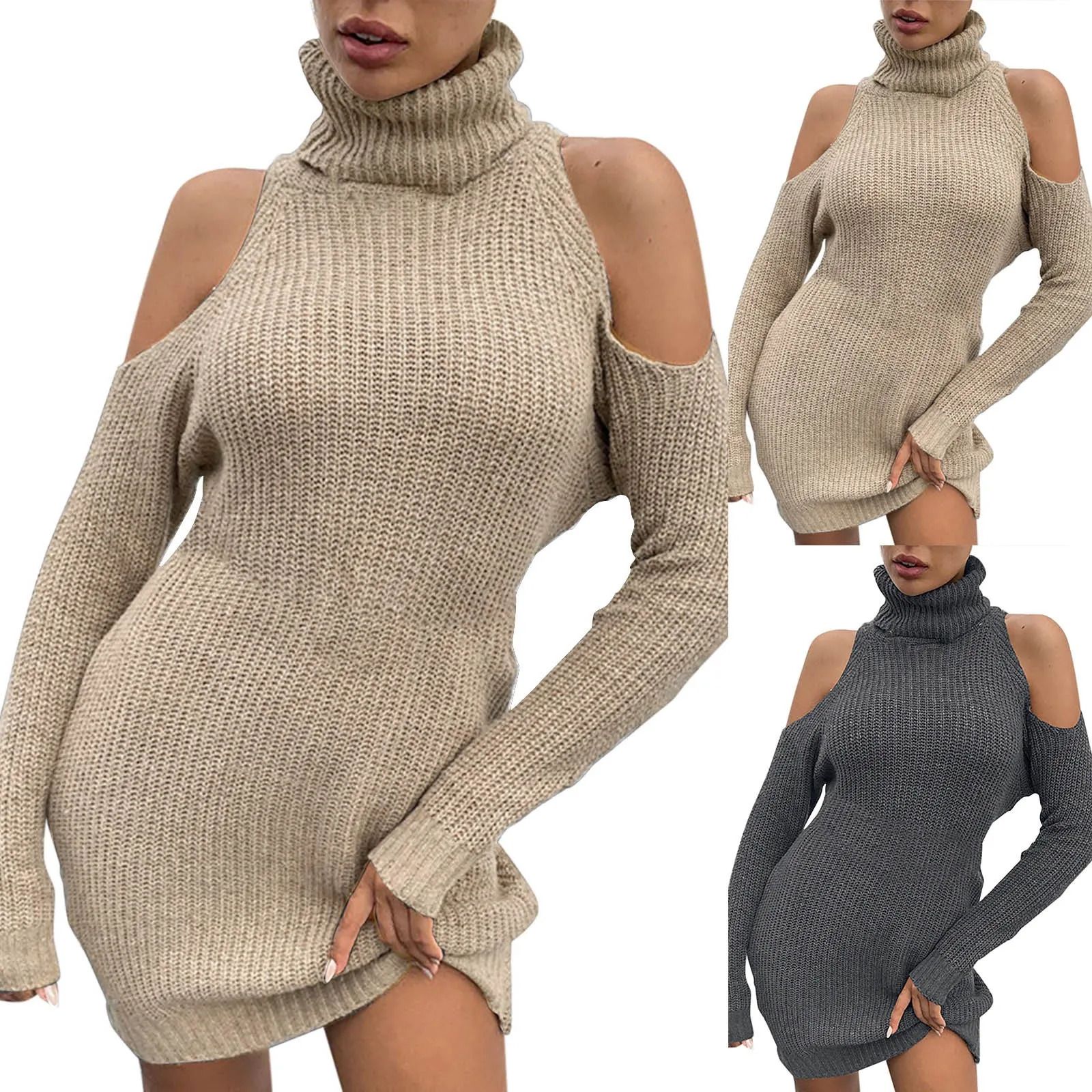 Women's Sweaters Women's Solid Shoulder Drop High Neck Pullover Maxi Dress with Pockets Casual Cocktail Dresses for Women Summer Woman 23102