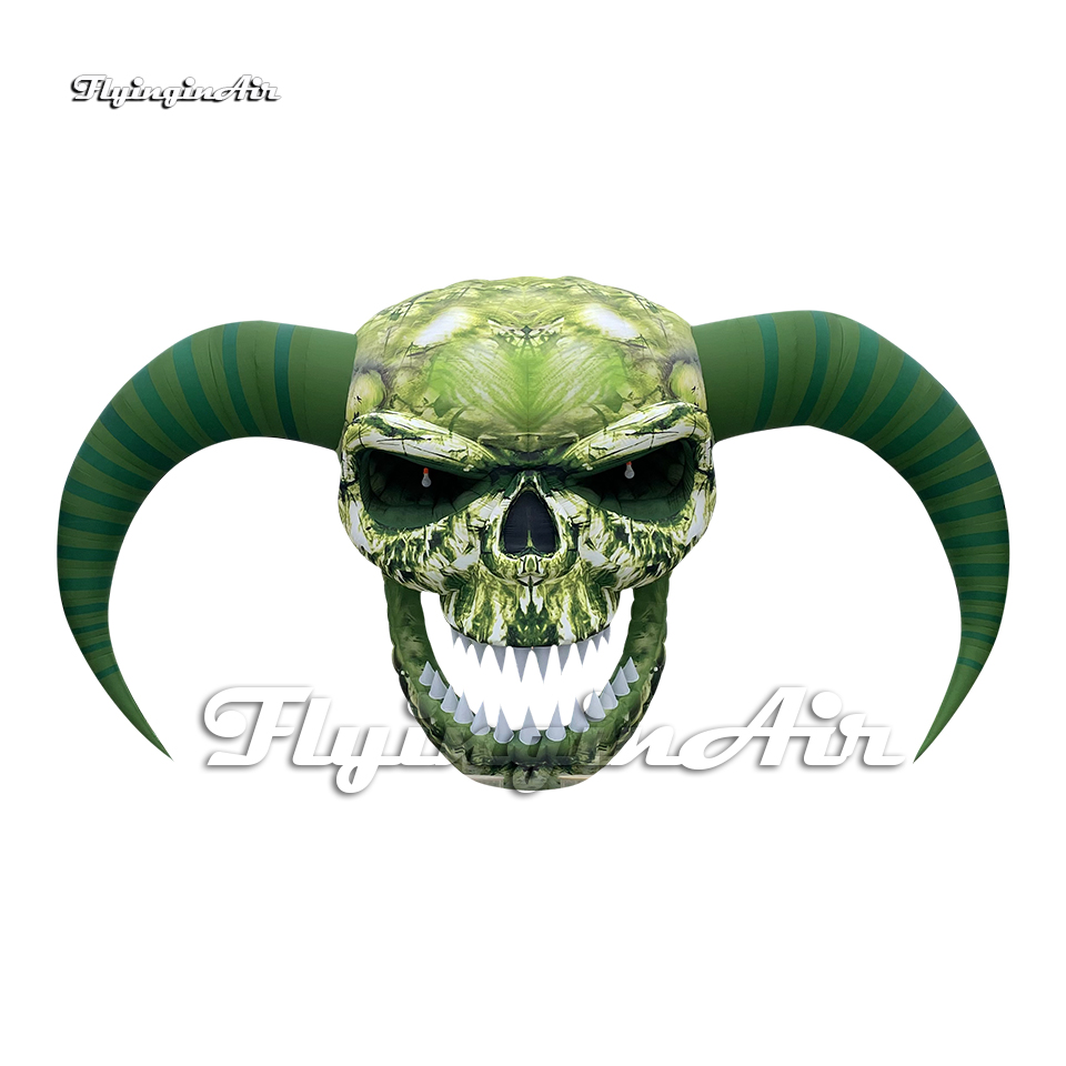 Scary Hanging Green Inflatable Skull Lighting Horned Demon Head Air Blow Up Devil Face For Halloween Party And Club Event