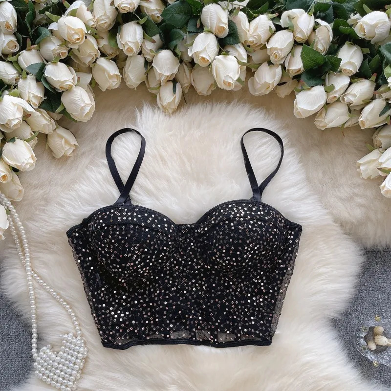 Camisoles Tanks Sexy Skinny Spicy Girl Crop Tops Woman Elegant Sheer Lace Mesh Sequins Women's Tanks with Built in Bras Pleated Tank Dropship 231