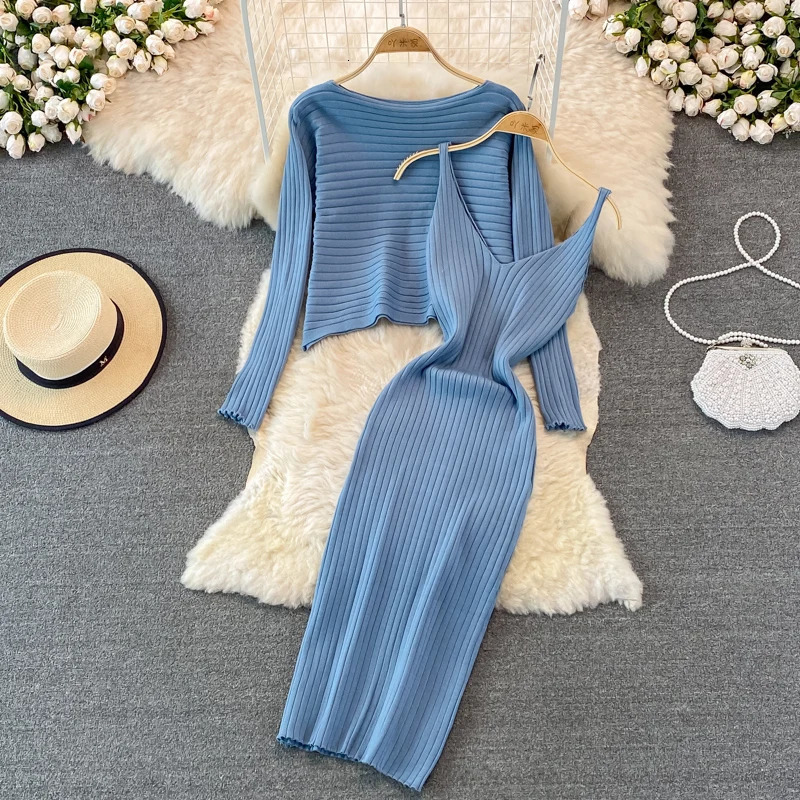 Women's Sweaters CCI Autumn Winter Women's Elegant Slim Two Piece Sets Female Pullover Sweater High Waist Knitted Party Dress WQ001S 231023