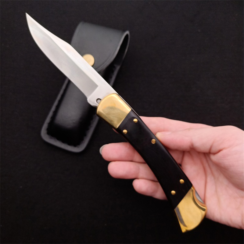 New Classic 110 Push Button Quick Opening Tactical Folding Knife D2 Satin Blade G10 with Brass Head Handle EDC Pocket Knives With Leather Sheath and N