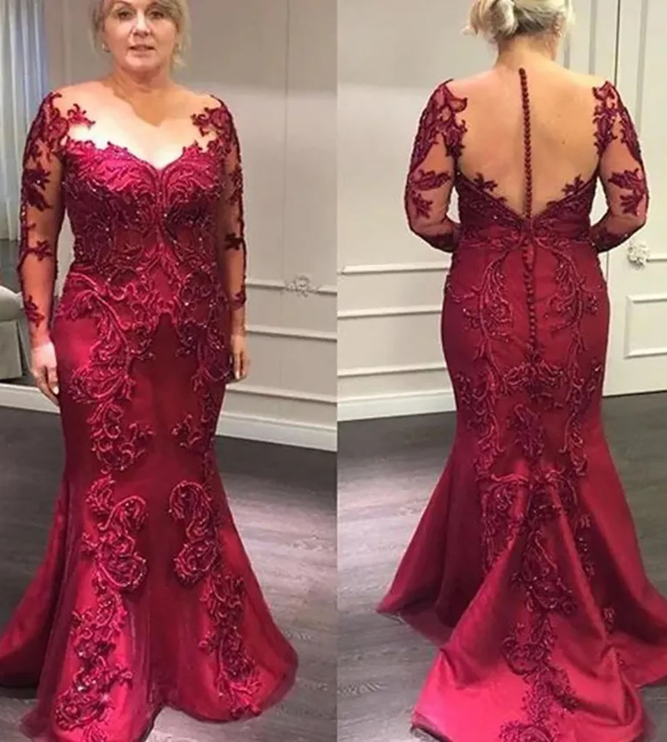 Mother Of The Bride Dark Red Mother's Dresses New Mermaid Long Sleeve Custom Applique Plus Size O-Neck Illusion Tulle Button Trumpet