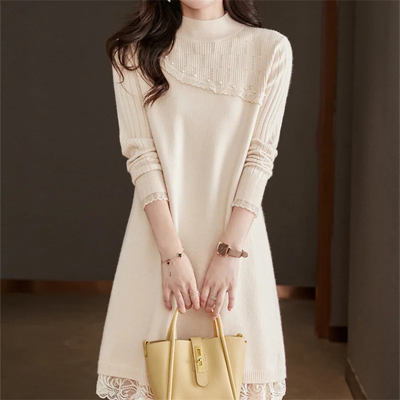 Women's Sweaters Japanese Beaded Knitted Dress Women Pullover Sweater Autumn Winter Elegant Lace Stitching Solid Sweater for Women 231023