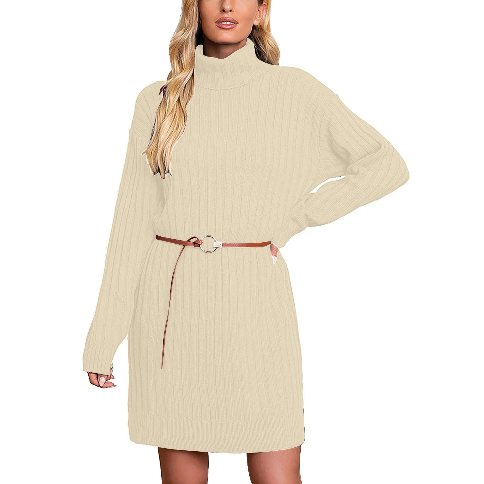 Women's Sweaters Women's High Neck Mid Length Sweater Knit Dress Wrap V Neck Cute Fall Dress 231023