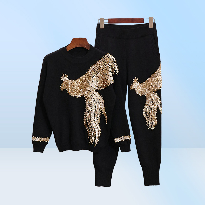 Women039s Two Piece Pants New Fashion 2 pieces Black Grey Toppants Sequin Suit Beads Women Jumpsuit Knitting Autumn Winter Cau2098862