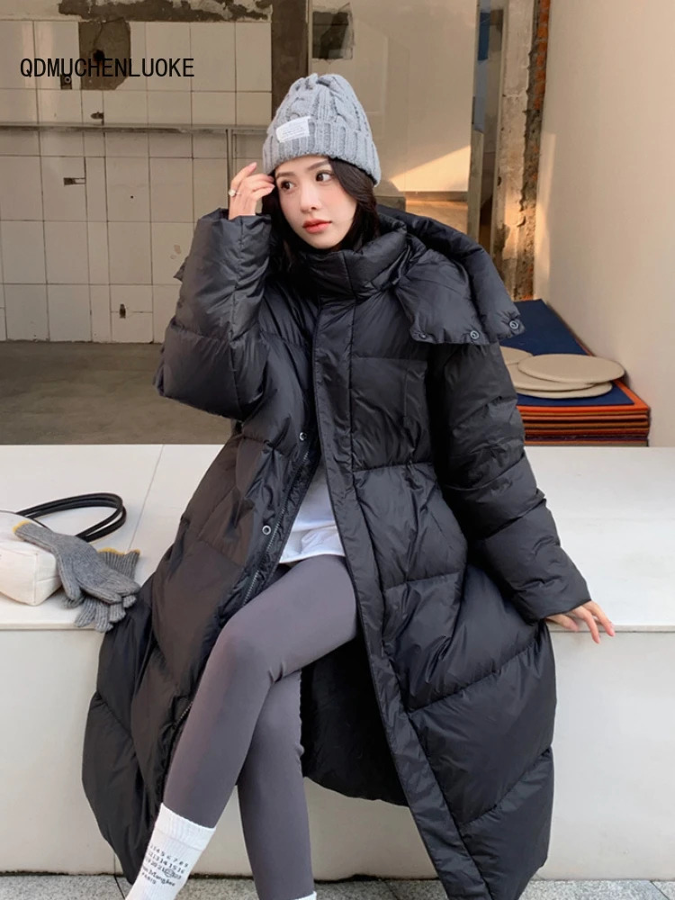 Women's Down Parkas Winter Jacket for Woman Clothing 2023 in Korean Fashion Loose Long Sleeved Top Coats Length Hooded Solid Color 231023