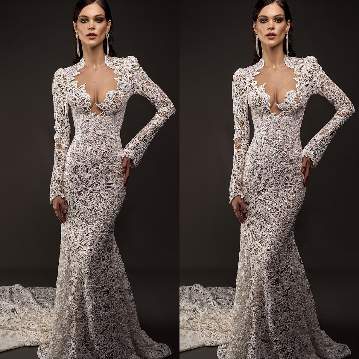 Modern Mermaid Wedding Dresses Lace Long Sleeves Illusion V Neck Bridal Gown Custom Made Vestidos De Noiva