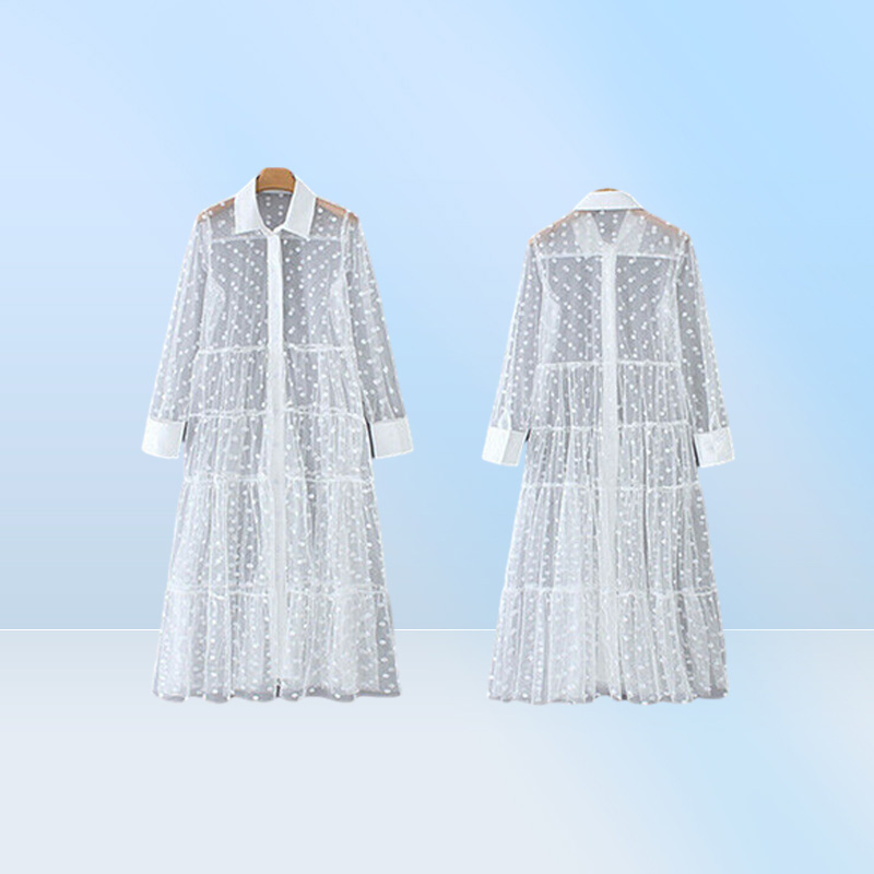 Women dress Mesh Sheer Transparent Polka Dot Lace Cover up V Neck Button Down Maxi Dress Seethrough Party Clubwear Beach Dresses