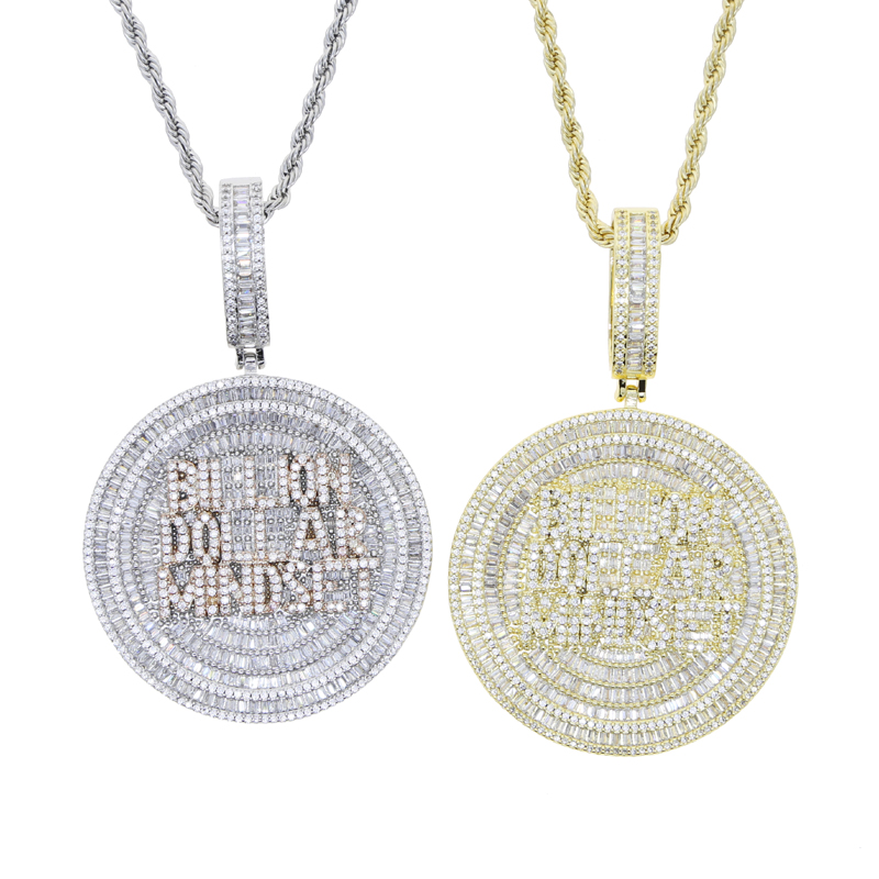 Iced Out Billion Mindset Round Charm Pendant Necklace with Rope Chain - Full Paved 5A Cubic Zirconia, Gold & Sier, Unisex Hip Hop Jewelry