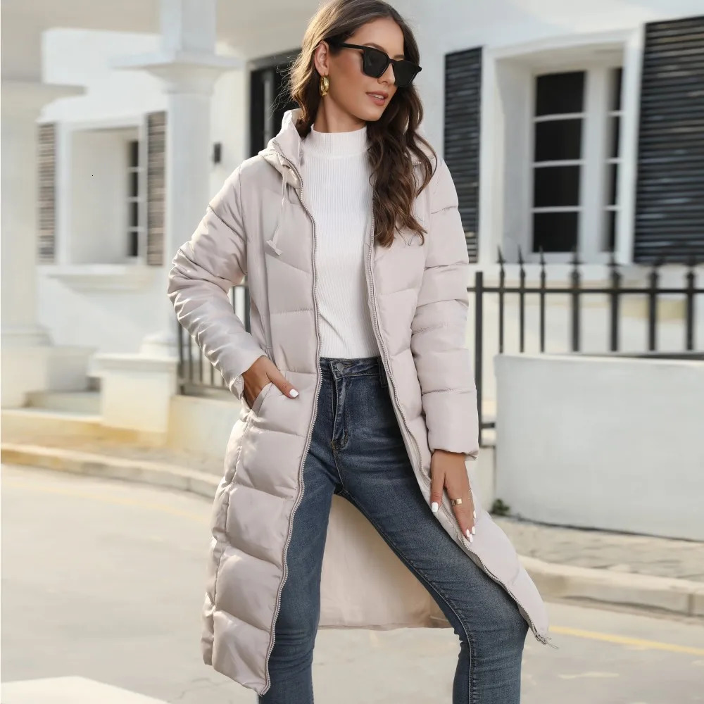 Women's Down Parkas Autumn Winter Cotton Thicken Padded Jacket Coat Medium Long Slim Warm Hooded Loose Outwear 231023Z