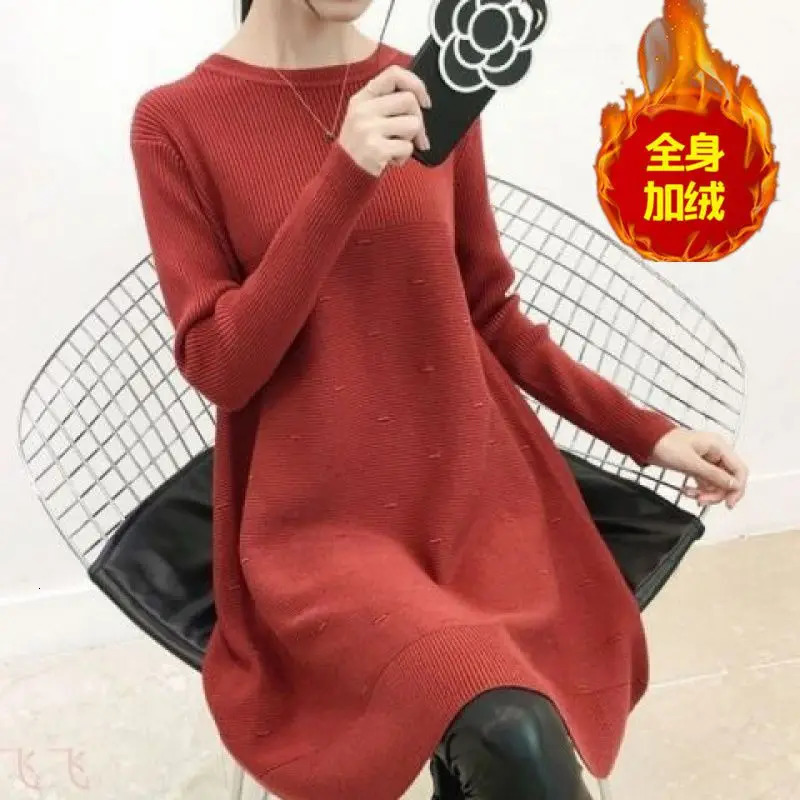 Women's Sweaters Autumn/Winter Oversized Round Neck Bottom Long Sleeved Solid Color Dress Women's Belly Covering and Slimming Knit Shirt 231