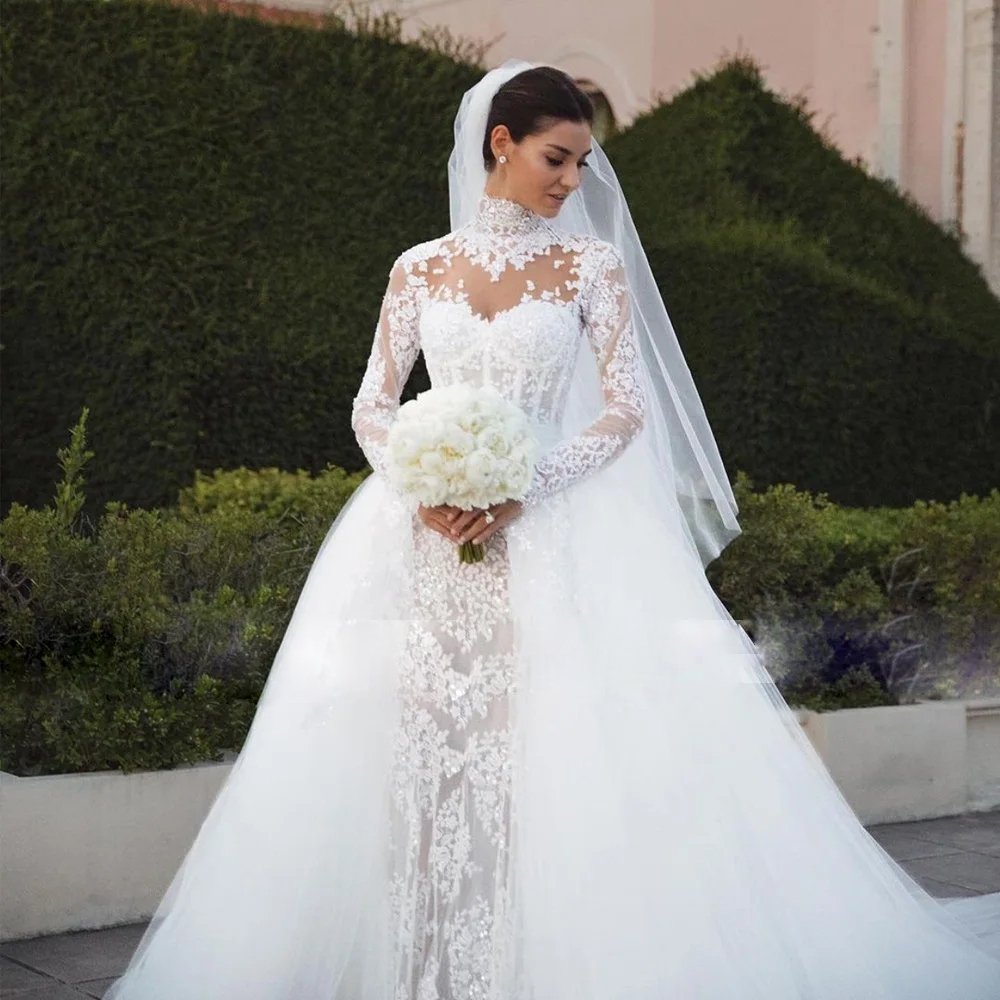 Romantic High Neck Lace Mermaid Wedding Dresses Keyhole Back Over-Skirt Woman Bride Gown Detachable Train Robe De Mariee