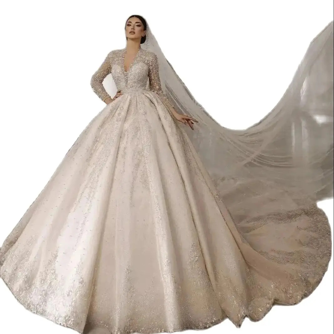 Elegant V Neck Lace Wedding Dresses Ball Gown Luxurious Sequined Crystal Beading Dresses vestidos de novia Custom Made