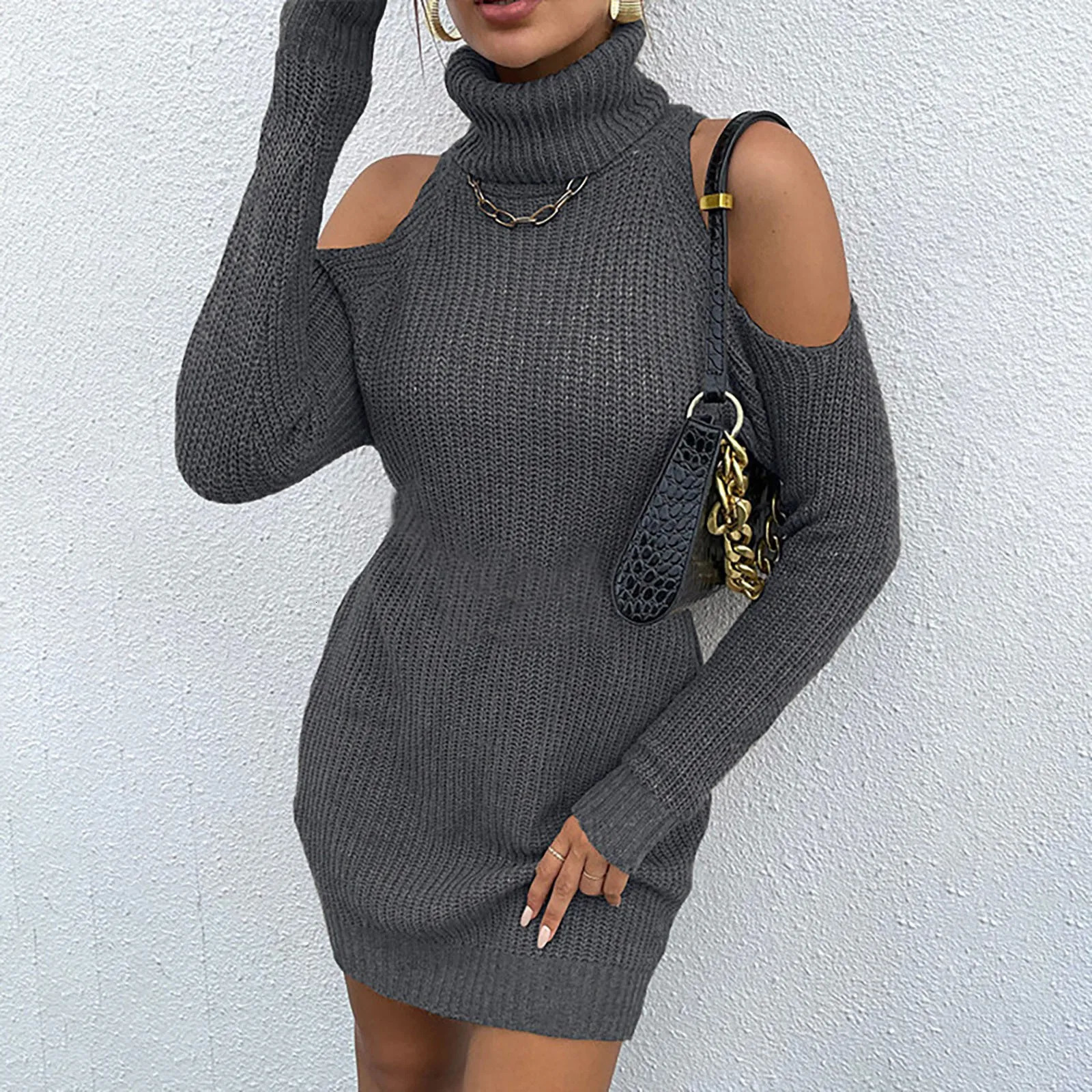 Women's Sweaters Women's Solid Shoulder Drop High Neck Pullover Maxi Dress with Pockets Casual Cocktail Dresses for Women Summer Woman 23102