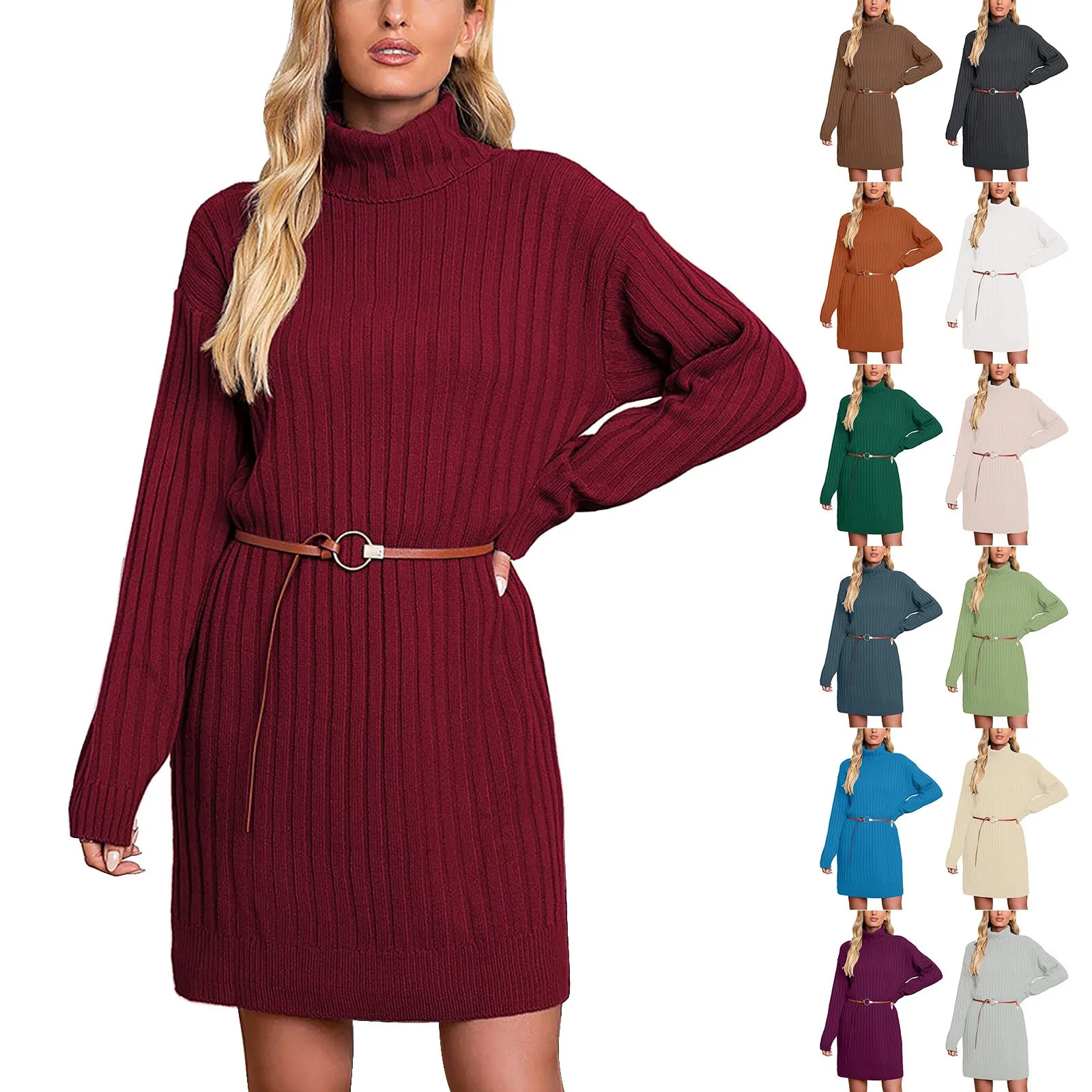 Women's Sweaters Women's High Neck Mid Length Sweater Knit Dress Wrap V Neck Cute Fall Dress 231023