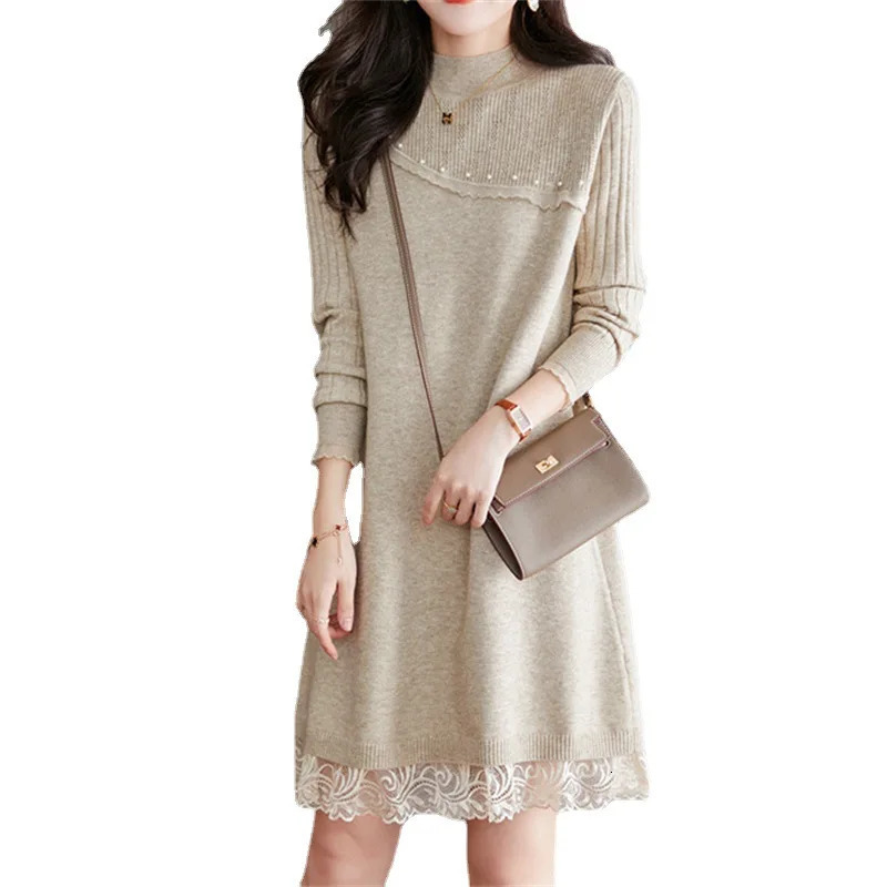 Women's Sweaters Japanese Beaded Knitted Dress Women Pullover Sweater Autumn Winter Elegant Lace Stitching Solid Sweater for Women 231023