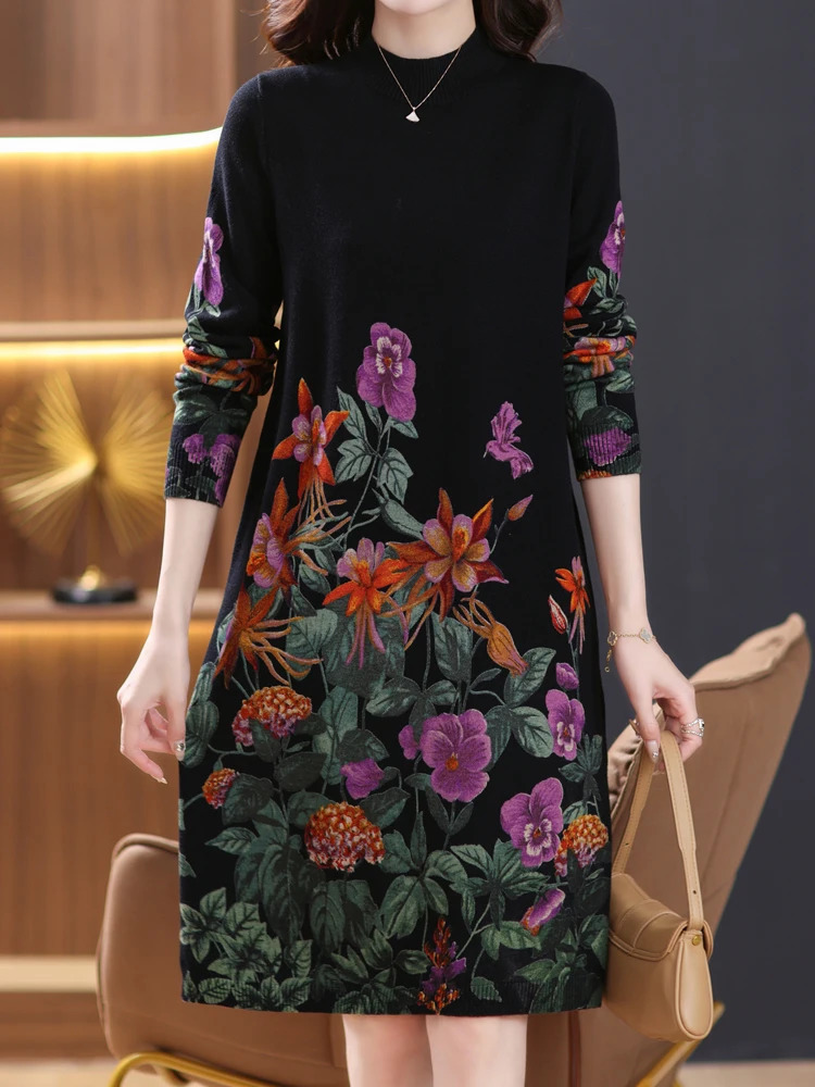 Women's Sweaters Floral Print Long Sweaters Dress Spring Women Clothing Long Sleeve Femme Pullover Elasticity Loose Pulls Knit Sweater For Women 