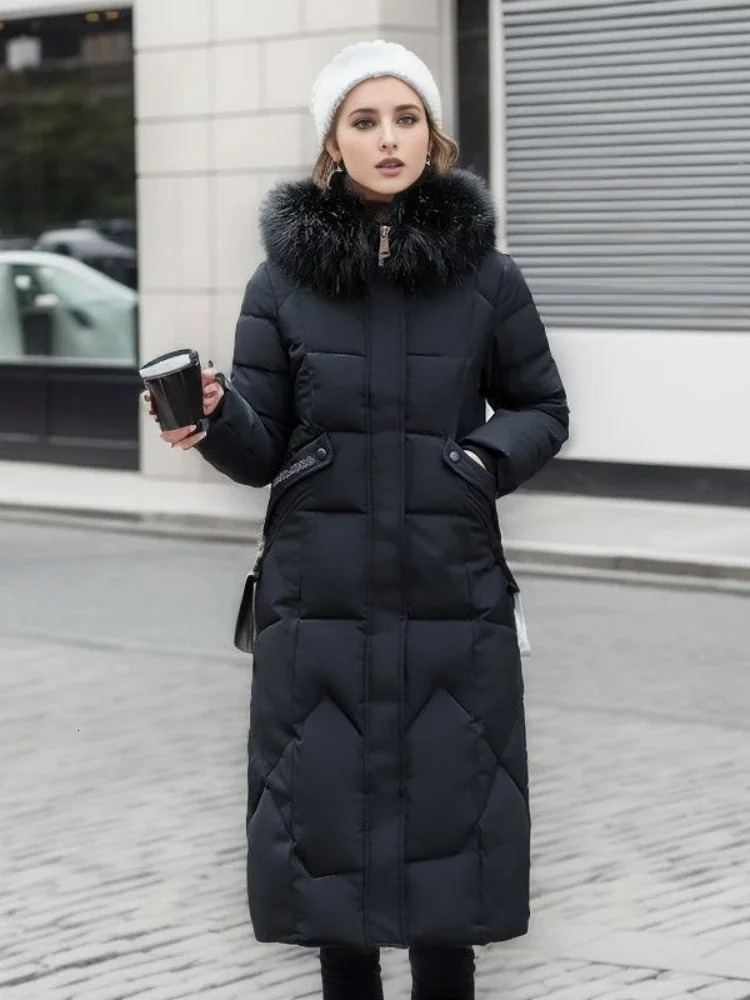 Women's Down Parkas 2023 Winter in Coat Jacket Cotton Midlength Fashion Slim Over Knee Fur Collar Thick Woman Clothing 231023Z