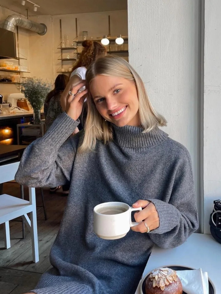 Women's Sweaters Gray Turtleneck Long Pullover Sweaters Women Elegant Long Sleeve Knitted Sweater Dresses Autumn Winter Female Loose Jumpers 2310