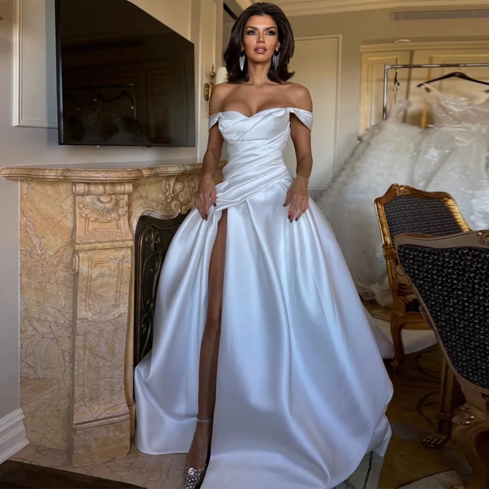 Modern Thigh High Split Wedding Dresses A Line Off the Shoulder Pleat Bridal Dress Puffy Skirt Satin Robe De Mariage
