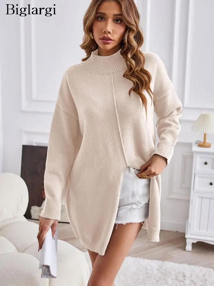 Women's Sweaters Knitted Autumn Winter Pullover Midi Sweater Dress Women Casual Fashion Split Ladies Sweaters Long Sleeve Woman Sweater Tops 2310