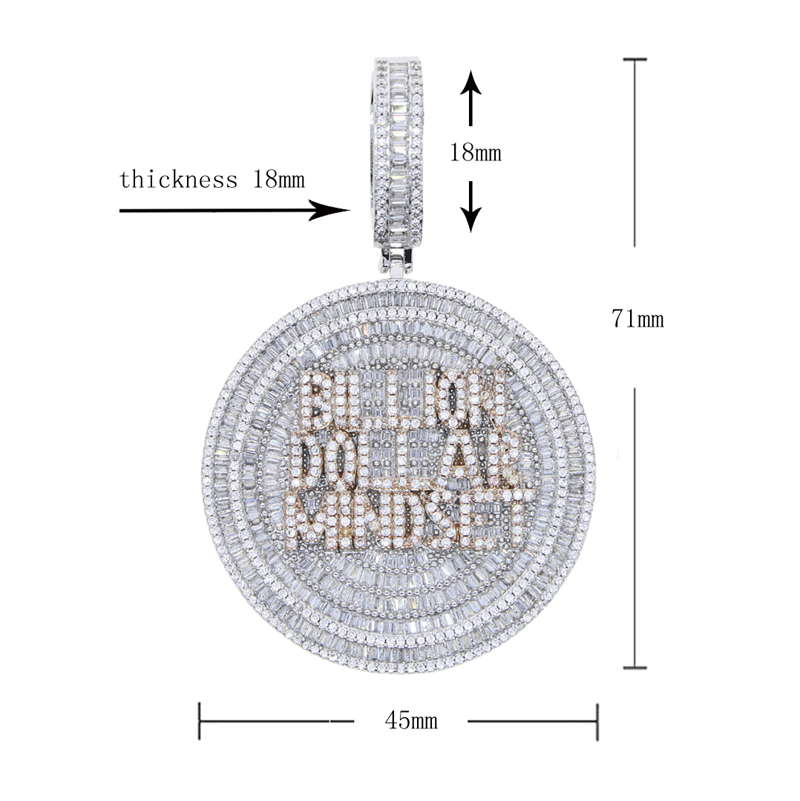 Iced Out Billion Mindset Round Charm Pendant Necklace with Rope Chain - Full Paved 5A Cubic Zirconia, Gold & Sier, Unisex Hip Hop Jewelry