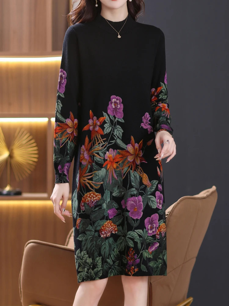 Women's Sweaters Floral Print Long Sweaters Dress Spring Women Clothing Long Sleeve Femme Pullover Elasticity Loose Pulls Knit Sweater For Women 