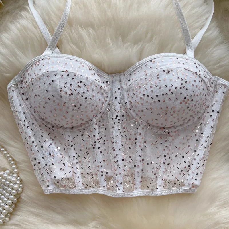 Camisoles Tanks Sexy Skinny Spicy Girl Crop Tops Woman Elegant Sheer Lace Mesh Sequins Women's Tanks with Built in Bras Pleated Tank Dropship 231