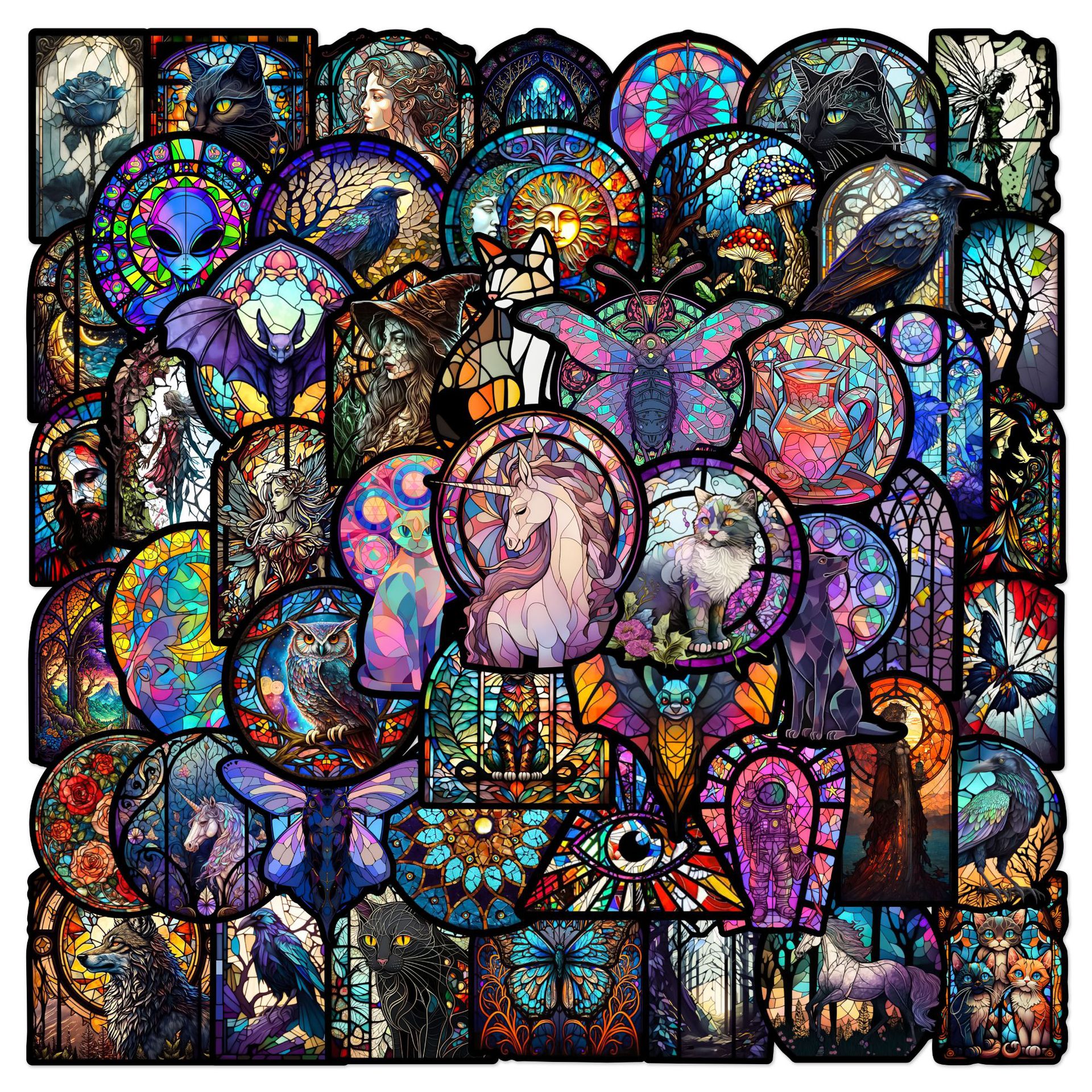 50pcs Vintage Gothic Stained Glass Stickers Church Art Glass Graffiti Stickers for DIY Luggage Laptop Motorcycle Bicycle Stickers