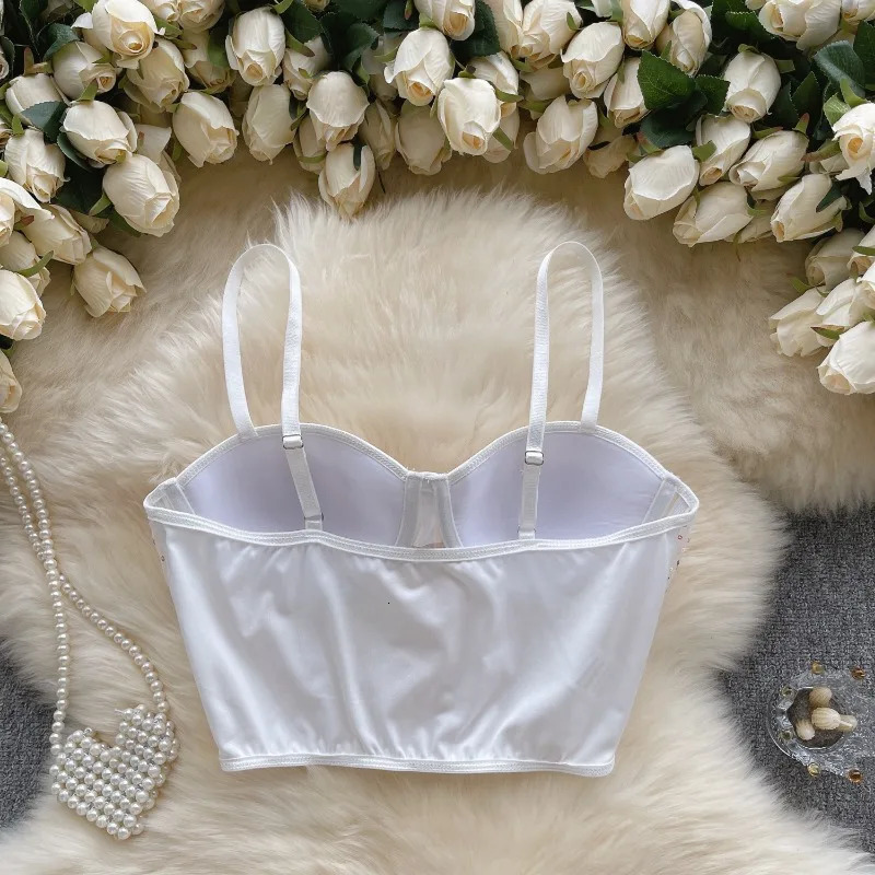 Camisoles Tanks Sexy Skinny Spicy Girl Crop Tops Woman Elegant Sheer Lace Mesh Sequins Women's Tanks with Built in Bras Pleated Tank Dropship 231