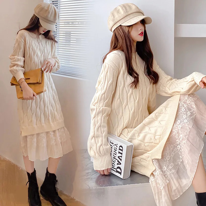 Women's Sweaters Sweater knitted dress for children French lace small fragrance midi sweater dress 231023