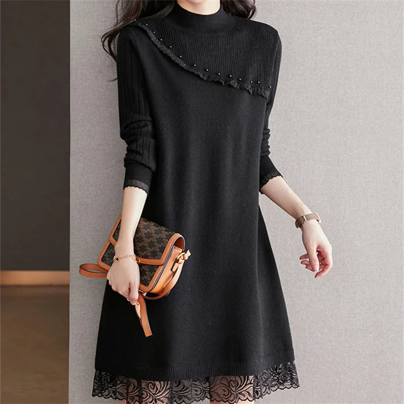 Women's Sweaters Japanese Beaded Knitted Dress Women Pullover Sweater Autumn Winter Elegant Lace Stitching Solid Sweater for Women 231023