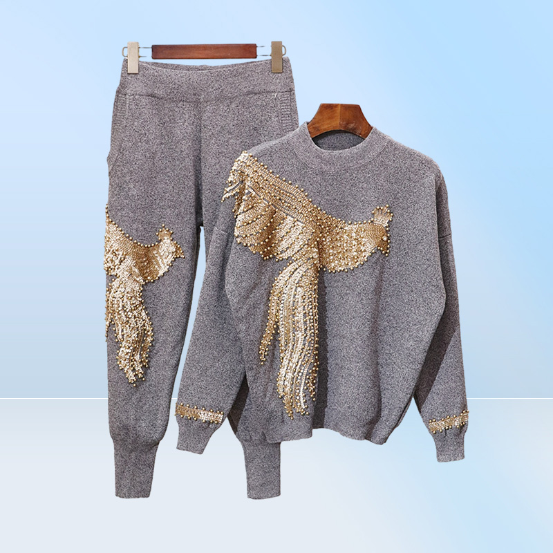 Women039s Two Piece Pants New Fashion 2 pieces Black Grey Toppants Sequin Suit Beads Women Jumpsuit Knitting Autumn Winter Cau2098862