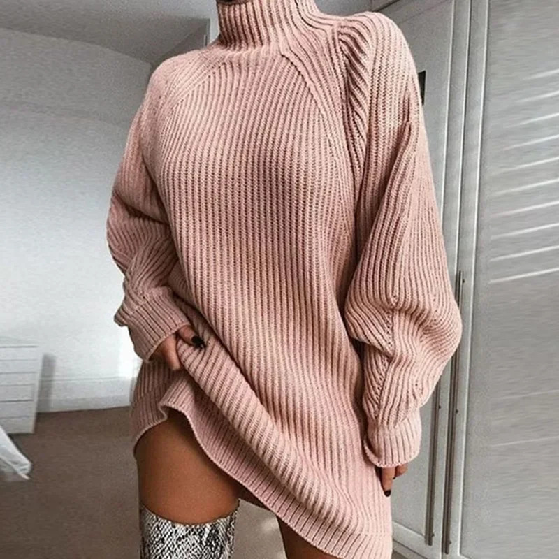 Women's Sweaters Winter Clothes Women Turtleneck Oversized Knitted Dress Autumn Solid Long Sleeve Casual Elegant Mini Sweater Dress 231023