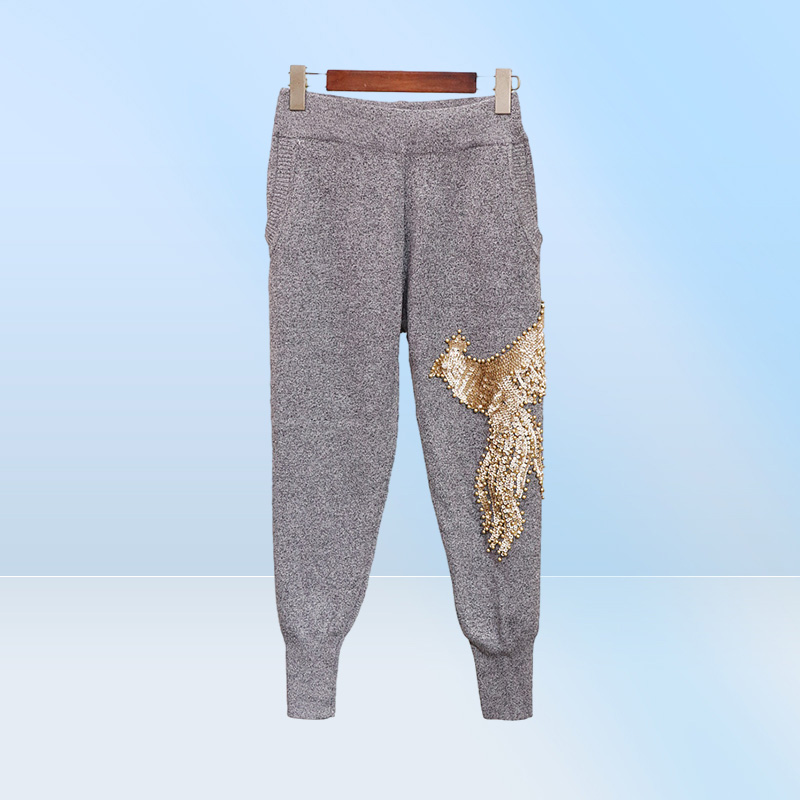 Women039s Two Piece Pants New Fashion 2 pieces Black Grey Toppants Sequin Suit Beads Women Jumpsuit Knitting Autumn Winter Cau2098862