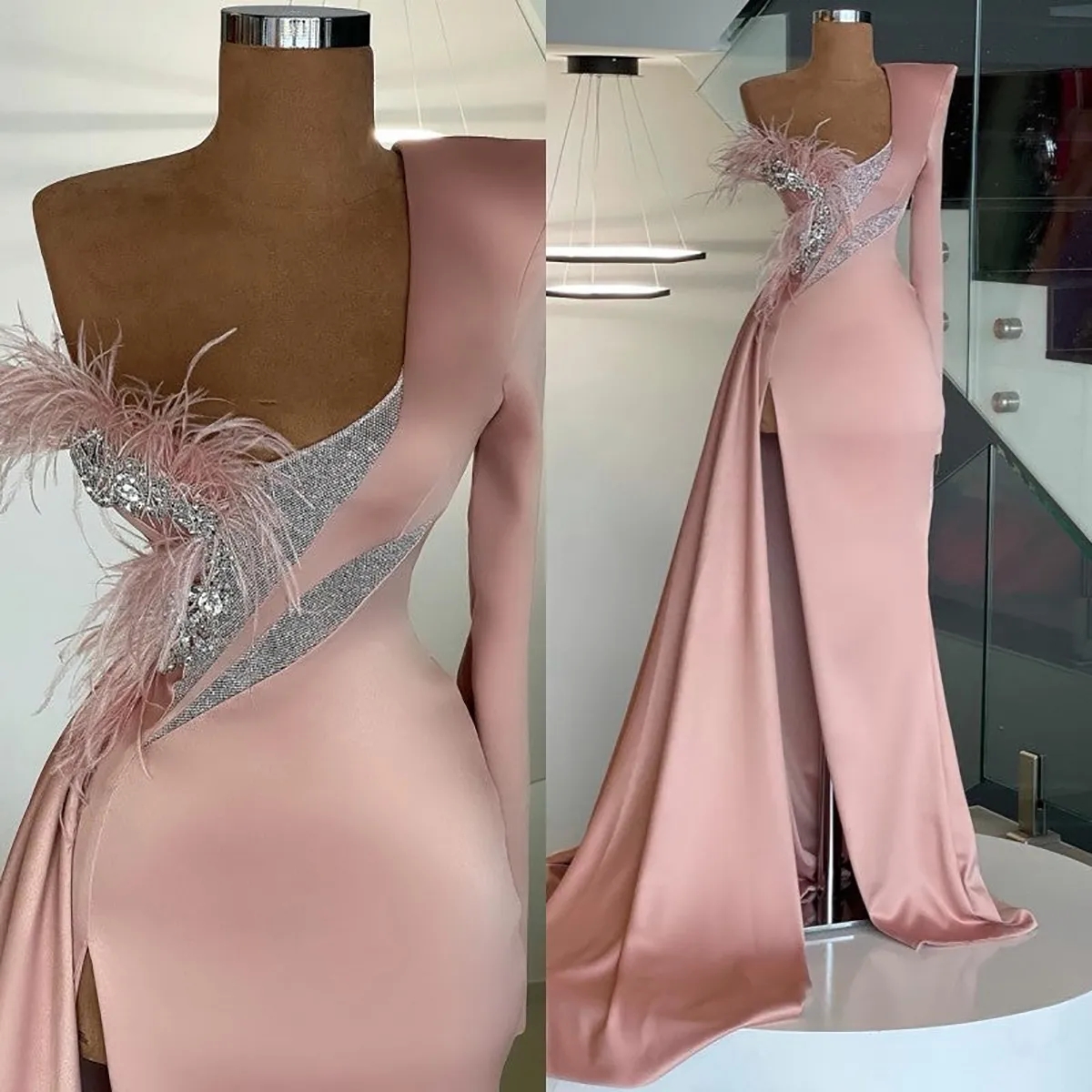 Long Sleeve Mermaid Evening Dresses Elegant Pink Satin One Shoulder Front Split Dubai Women Formal Party Prom Gowns 6660306