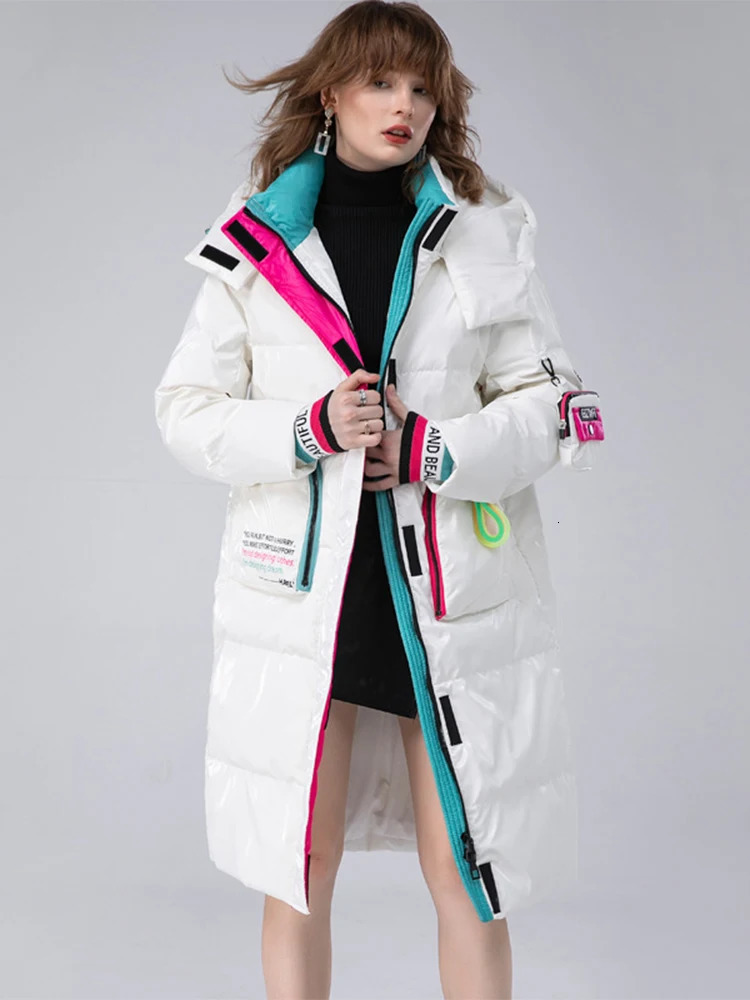 Women's Down Parkas 2023 Winter Women White Duck Collar Jacket Glossy Loose Hooded Parka Female Warm Coat 231023