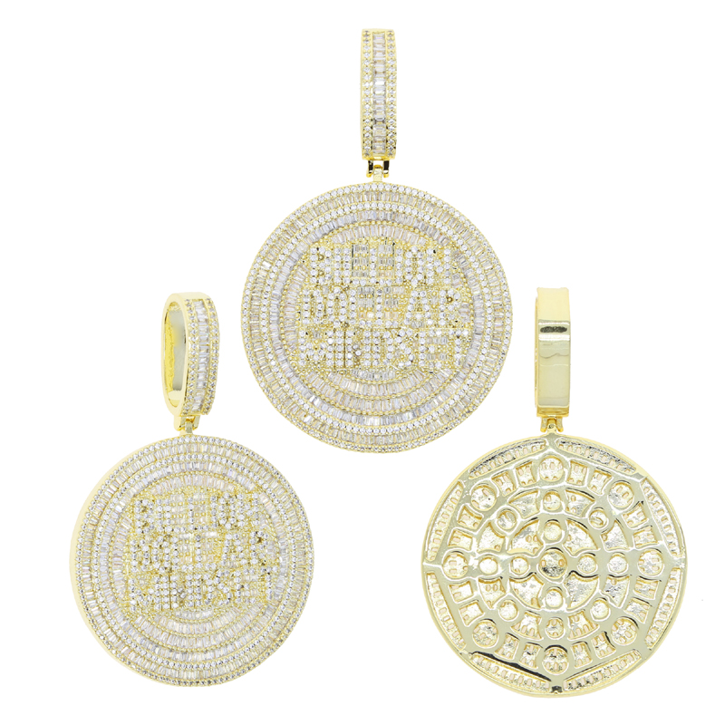 Iced Out Billion Mindset Round Charm Pendant Necklace with Rope Chain - Full Paved 5A Cubic Zirconia, Gold & Sier, Unisex Hip Hop Jewelry