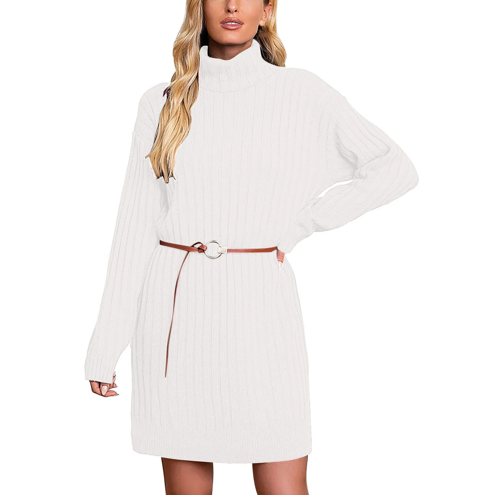 Women's Sweaters Women's High Neck Mid Length Sweater Knit Dress Wrap V Neck Cute Fall Dress 231023
