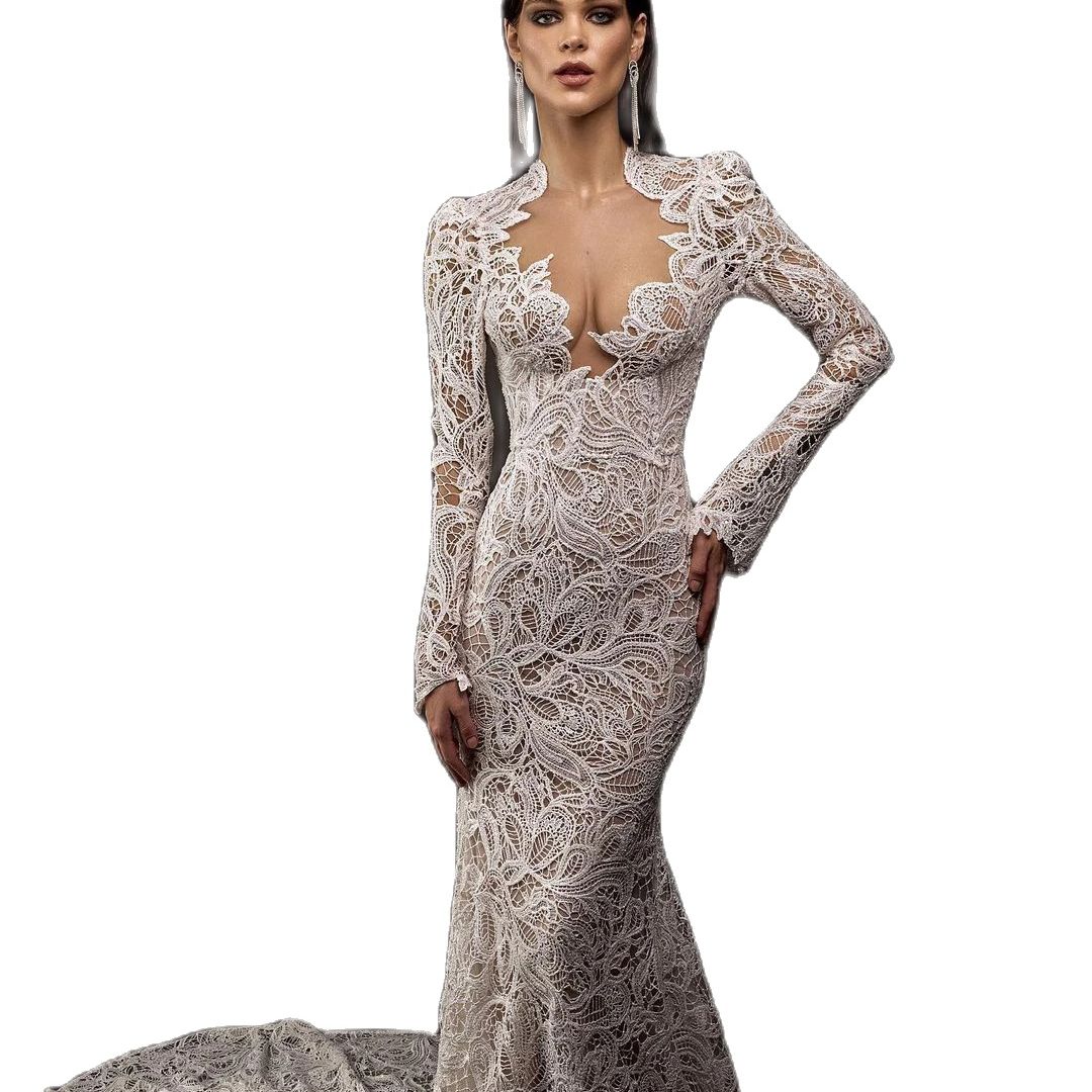 Modern Mermaid Wedding Dresses Lace Long Sleeves Illusion V Neck Bridal Gown Custom Made Vestidos De Noiva