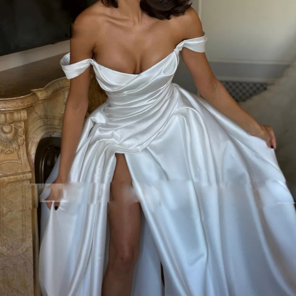 Modern Thigh High Split Wedding Dresses A Line Off the Shoulder Pleat Bridal Dress Puffy Skirt Satin Robe De Mariage