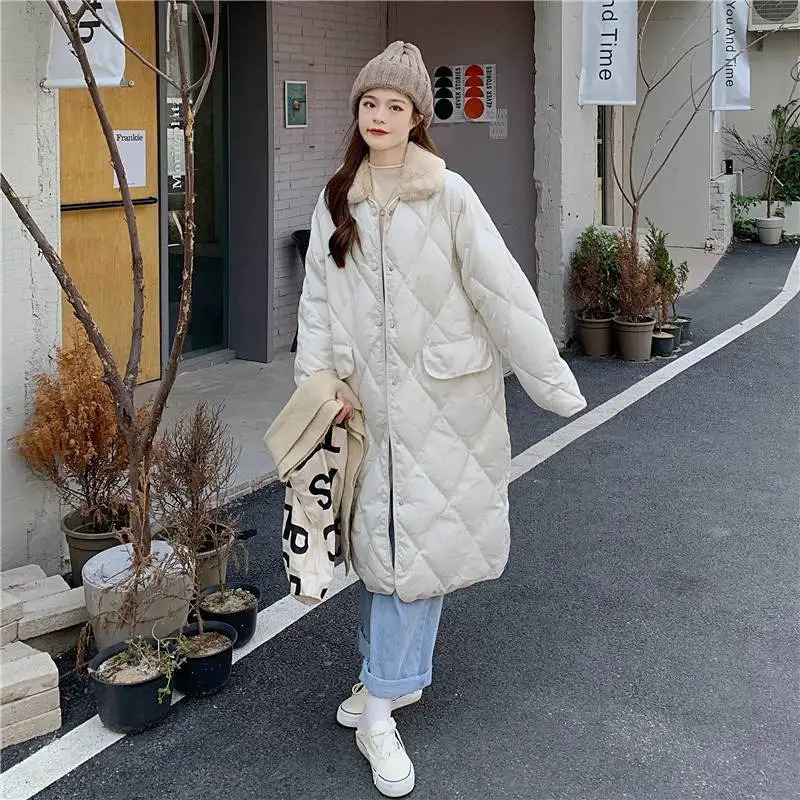 Women's Down Parkas Fur Collar Oversize Rhombus Pattern Long Pocket Female Warm Cotton Overcoat Single Breasted 231023Z